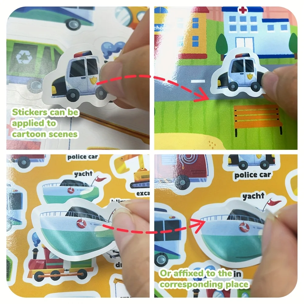 Veículos de transporte adesivos para crianças reutilizáveis coleção livro animal carro diy brinquedo presente para meninos meninas adolescentes