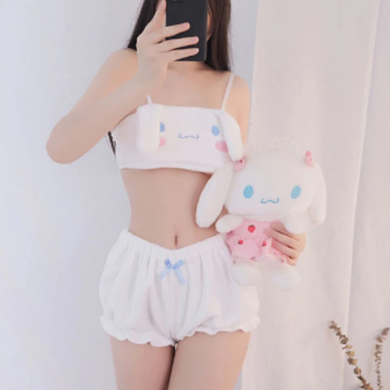 

Sanrio Kuromi My Melody Cinnamoroll Sexy Pajamas Hot Girls Flannel Cartoon Fluffy Suspender Pajamas Shorts Set Girls Gift