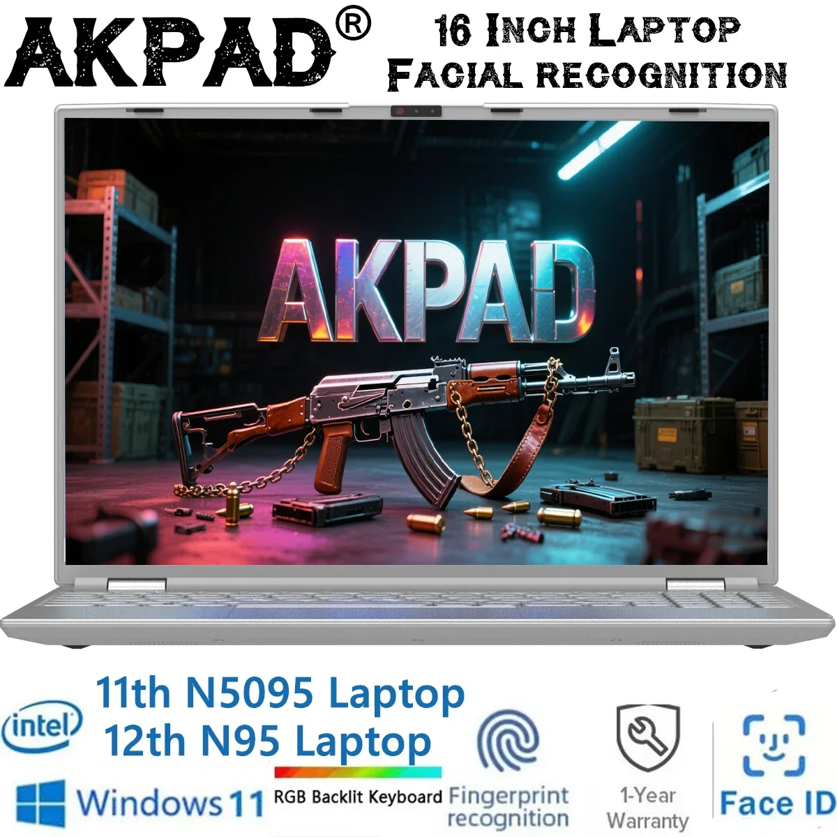 AKPAD Face ID Intel Notebook N95 N5095 16.1" Laptop 16GB 32GB RAM Max 2TB ROM Windows 11 Wifi 5 BT 4.2 RGB Keyboard
