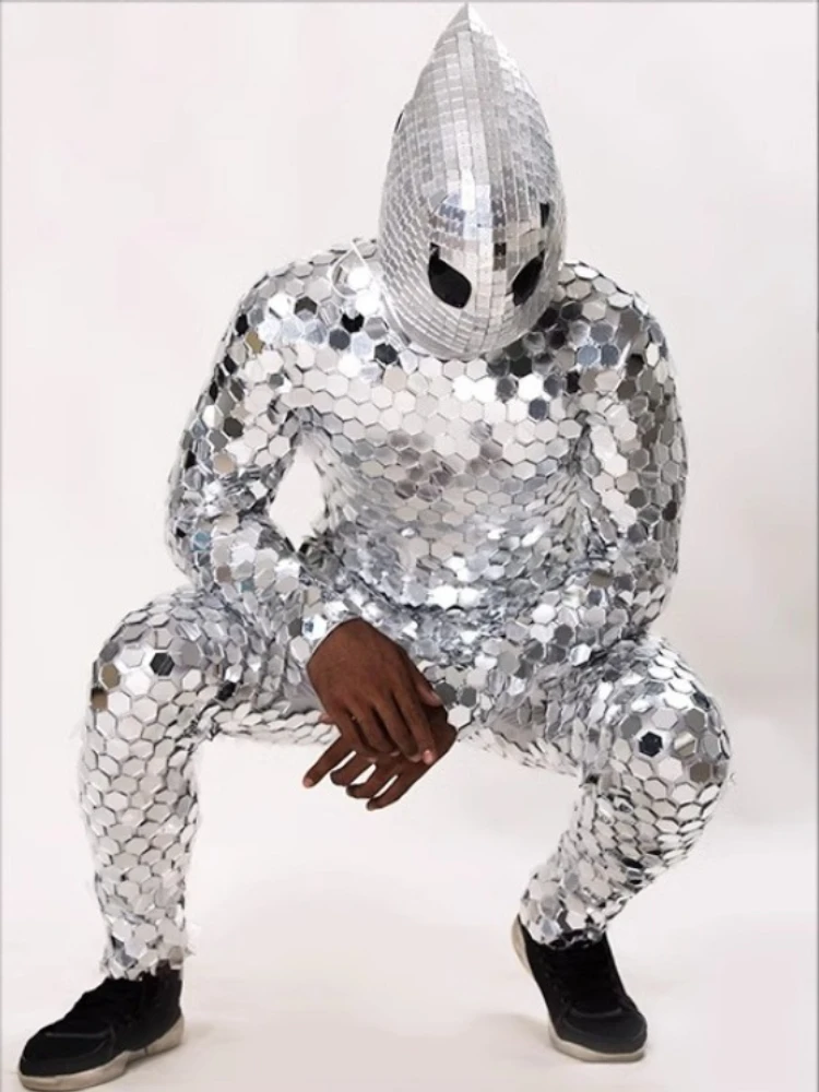 Costume da uomo con specchio argento Costumi di danza laser Uomo Performance commerciale Discoteca Lente con paillettes Tuta Abbigliamento da festa Donna