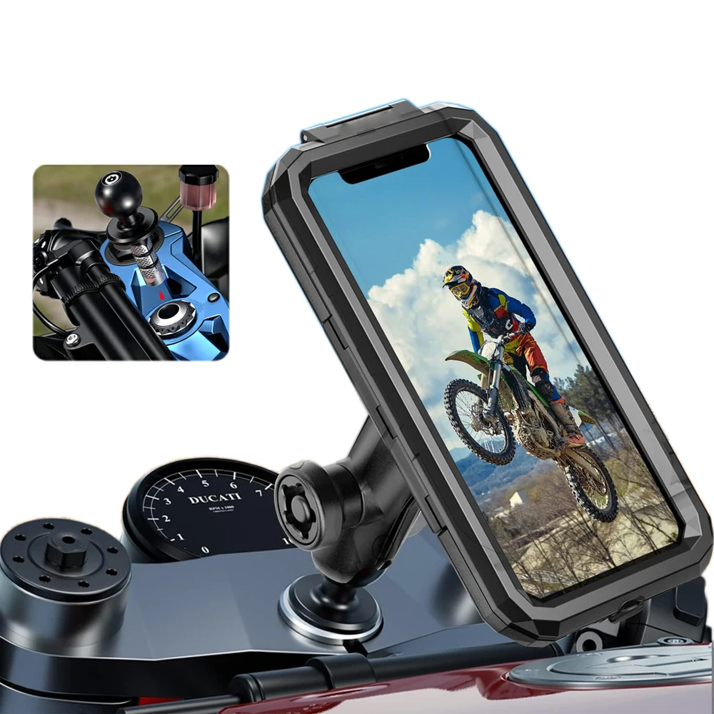 Waterproof Motorcycle Phone Holder Case Fork Stem Motorbike Mount Bracket GPS Navigation Handlebar Mirror Aluminum 1