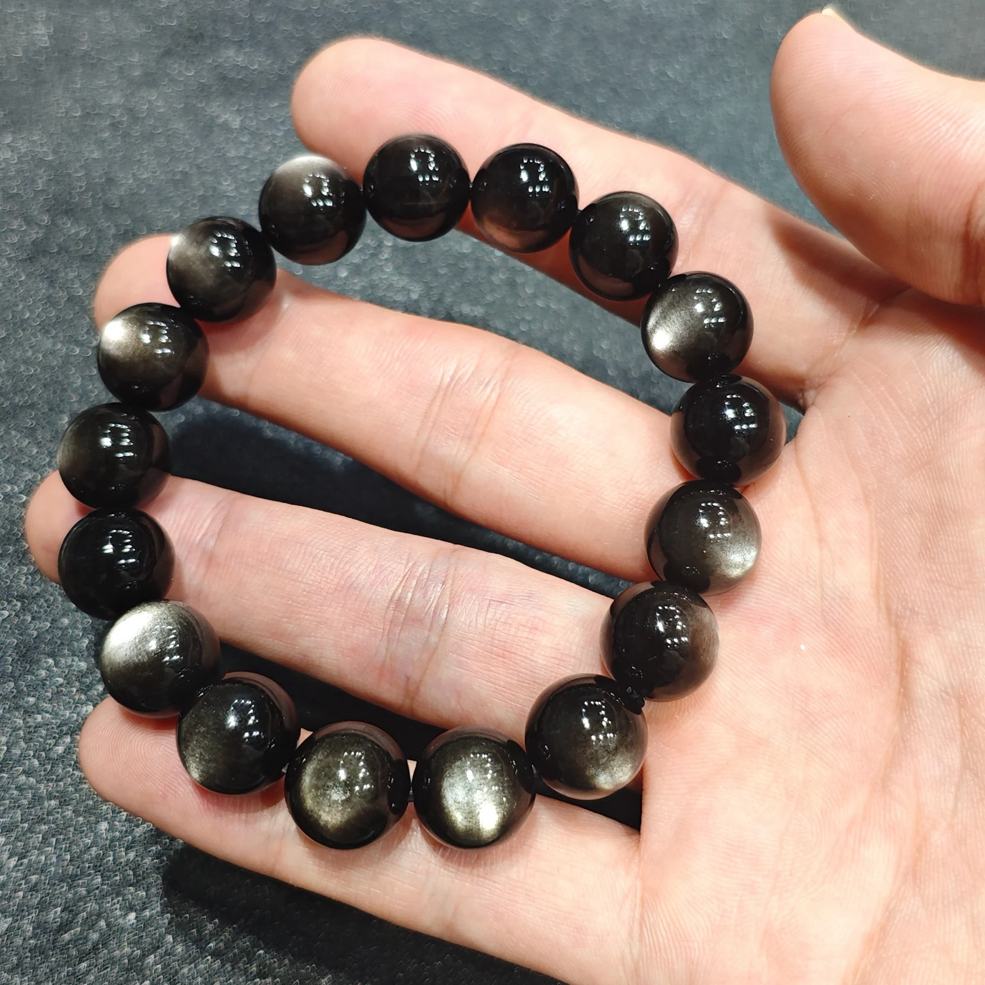 Women 12mm Natural Silver Flash Obsidian Bracelet Double Cat Eye Gemstone Spherical Bead Elastic Bangle Present for Sister