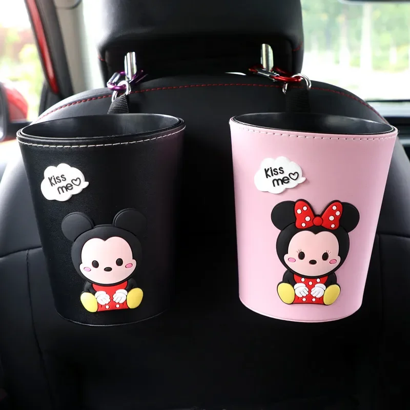 Disney Mickey Minnie Car Hanging Trash Can Interior Accessories Cute Animation Car Seat Back Garbage Box Foldable Storage Box