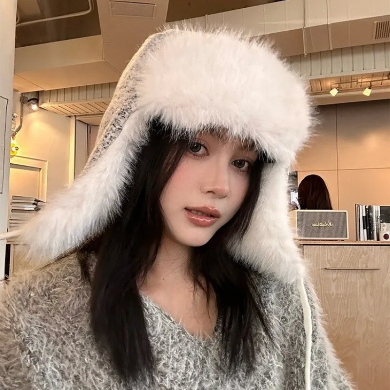 Korean Mixed Color Plush Ear Protection Lei Feng Hat for Men and Women Thickened Outdoor Cycling and Skiing Winter Bomber Hats