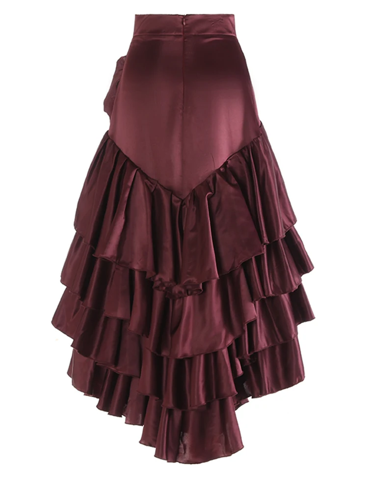 [EAM] High  Waist Wine Red Irregular Ruffles Elegant Cake Half-body Skirt Women Fashion Tide New Spring Autumn 2024  1DH7827