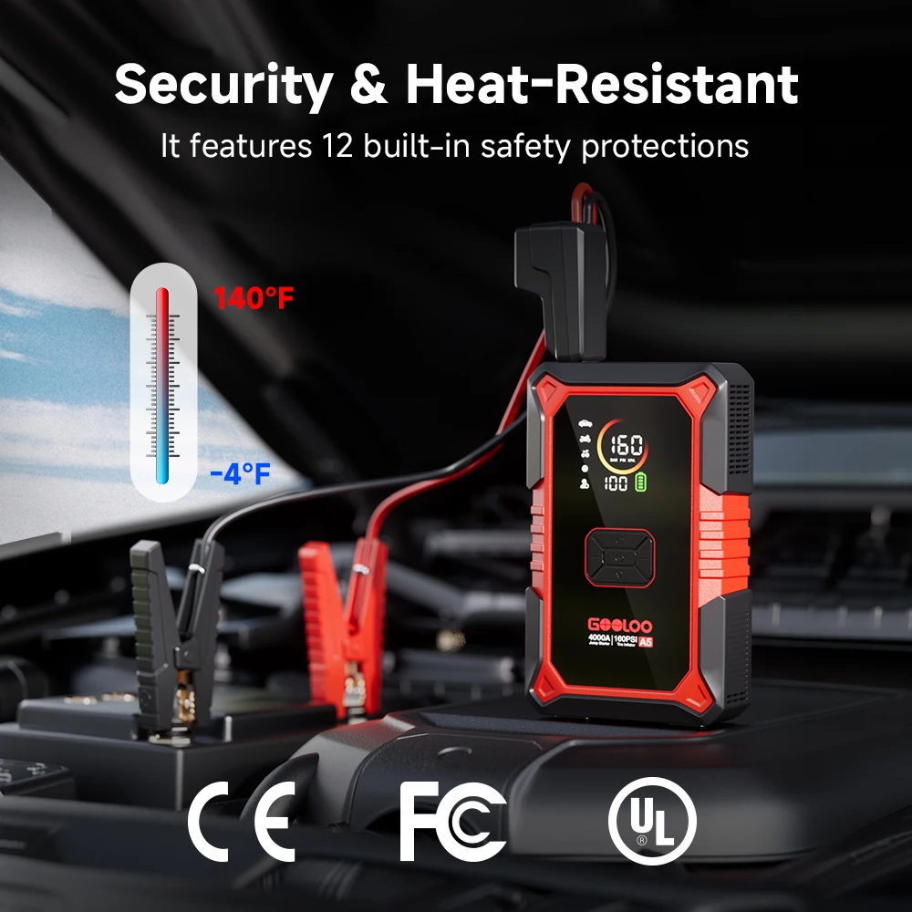 GOOLOO A5 Jump Starter with Air Compressor, 4000A Portable Jump Box Jumper Starter for All Gas & 10L Diesel - 160 PSI Auto-Off Tire Inflator - 45W Output with Built-In Cable - LED Flashlight