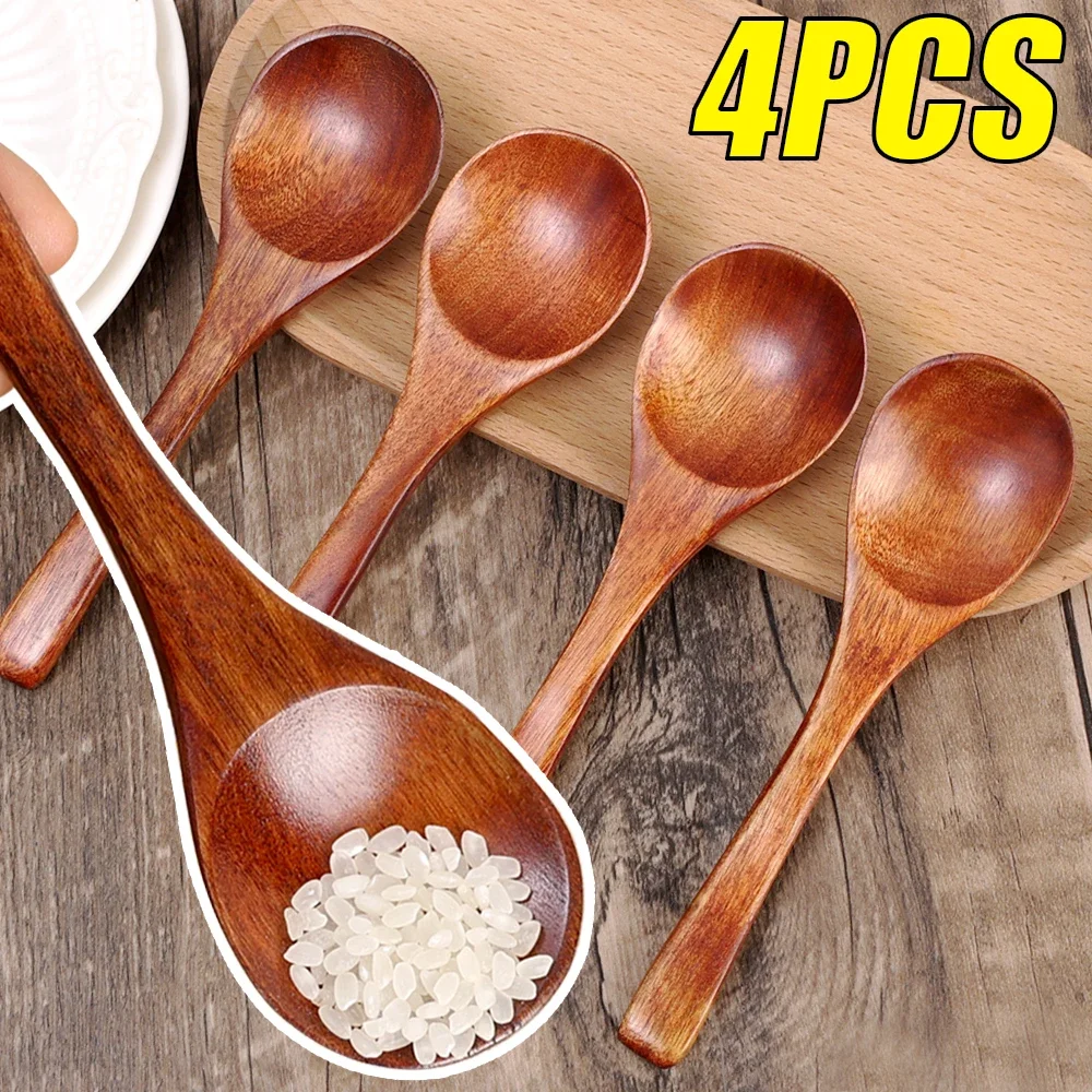 1-4pcs Small Wooden Spoons Kitchen Spice Condiment Scoops Honey Coffee Stir Spoons Kids Short Handle Wood Scoops Home Tableware