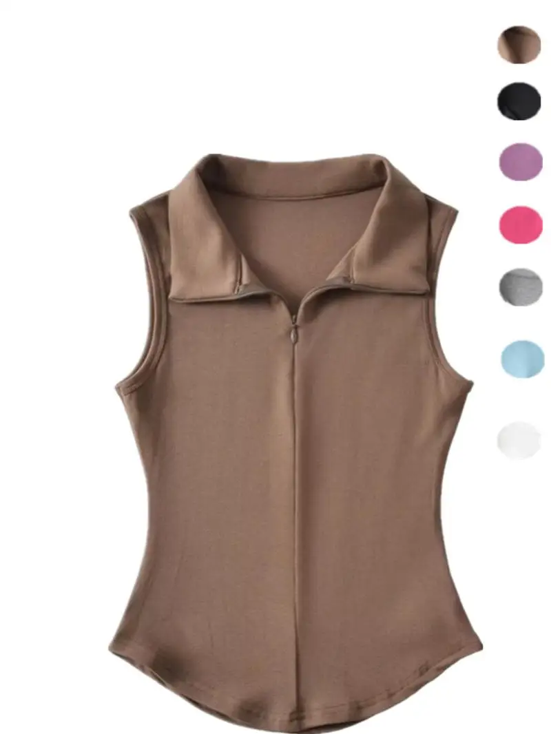 

Retro American Hot Girl Y2K Vest Zipper in Waist round Hem Pure Color Slim Fit Svel ort Streetwear Sle Women's Top