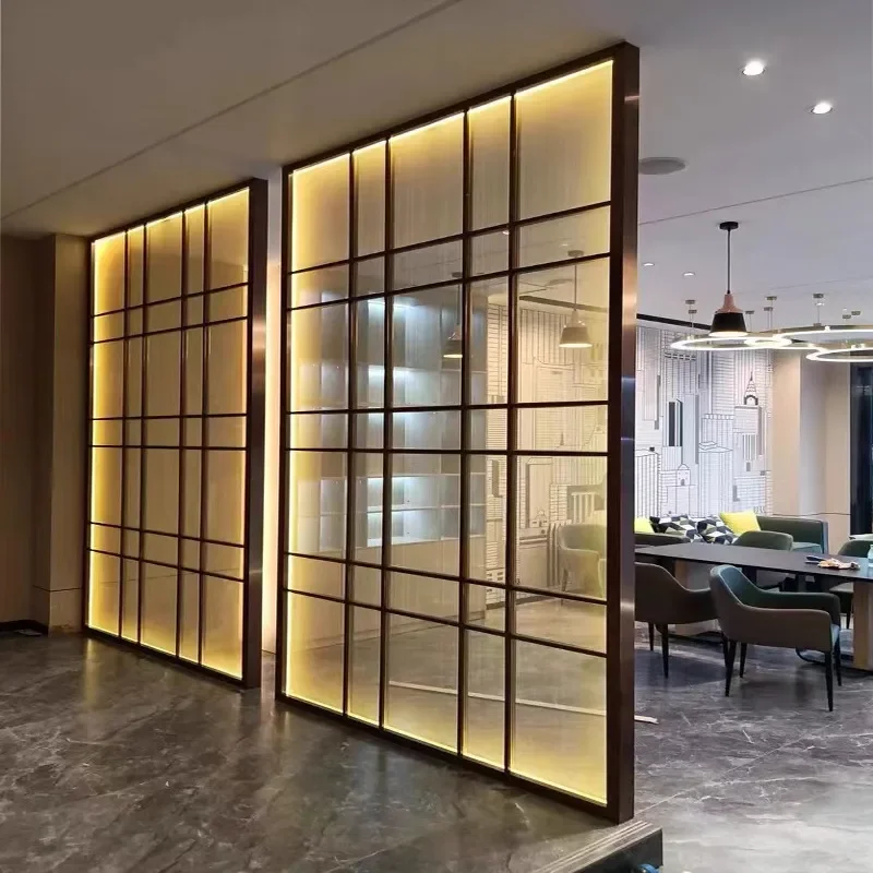 Light Luxury Stainless Steel Entrance Screen with Changhong Glass Partition for Hotel Office Living Room Entryway Luminous