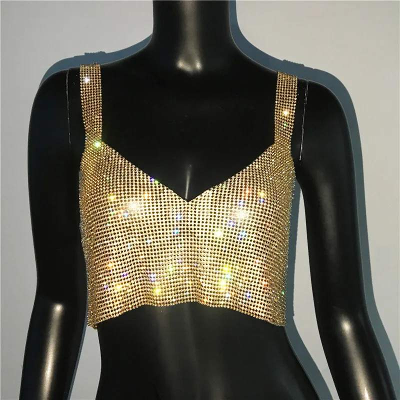 Brillante Strass rücken freie Party Crop Top Frauen Sommer Glitter Abend V-Ausschnitt Diamanten Metall Tanktops