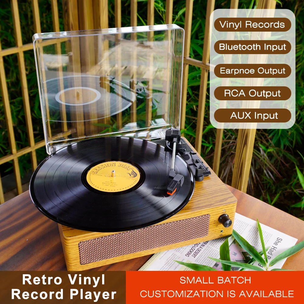 Vintage Portable  Vinyl Record Player, Turntable Three Speed Adjustable Ruby Stylus Bluetooth 5.3 Cube Sound Output