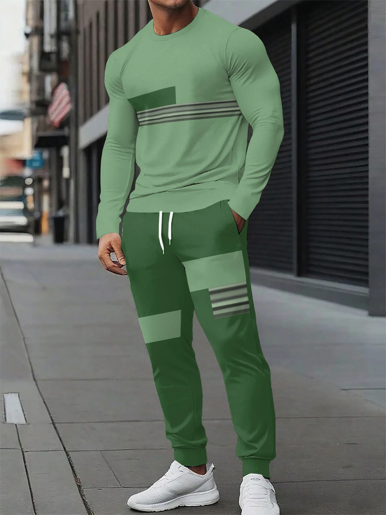 

Autumn Men's Long Sleeve Pullover Sweatshirt 2 Piece Outfits Striped Print TShirts Tracksuit Set Drawstring Waist Jogger Set