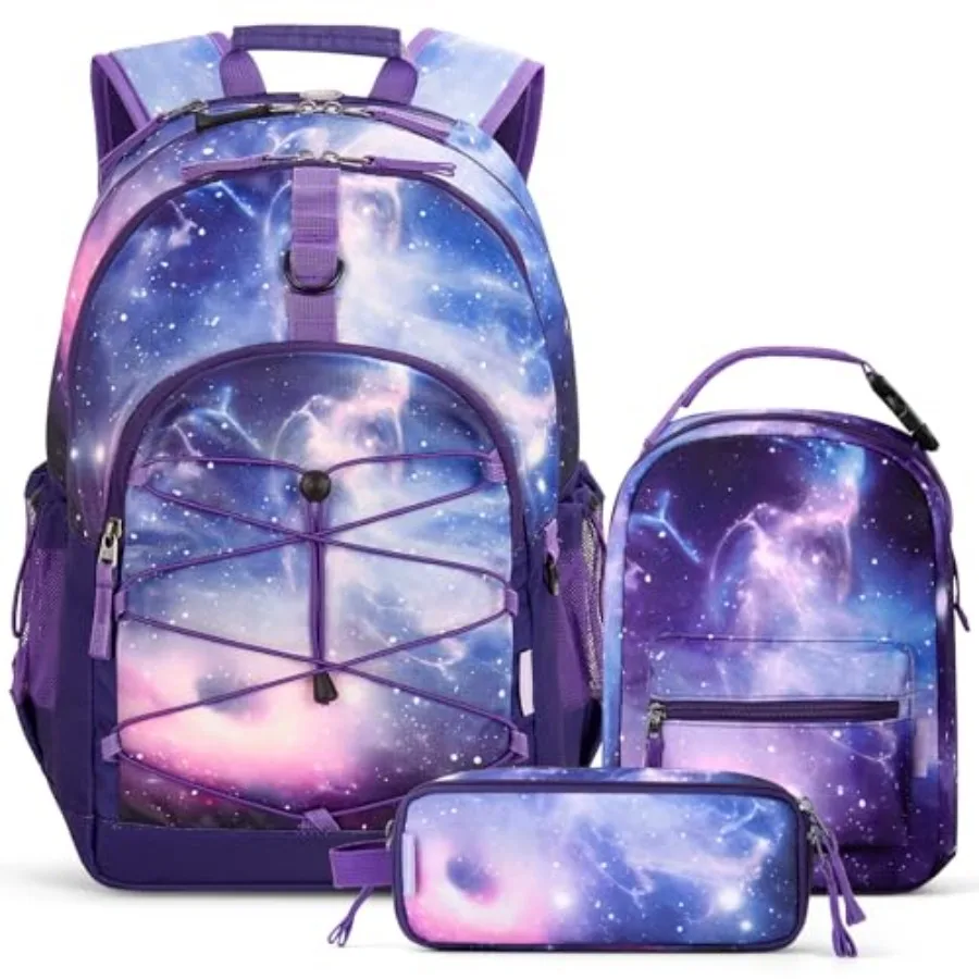 

Girls School Backpack Set Galaxy Purple Girls Backpack with Lunch Box Set 3 PCS 18 Inch Backpacks