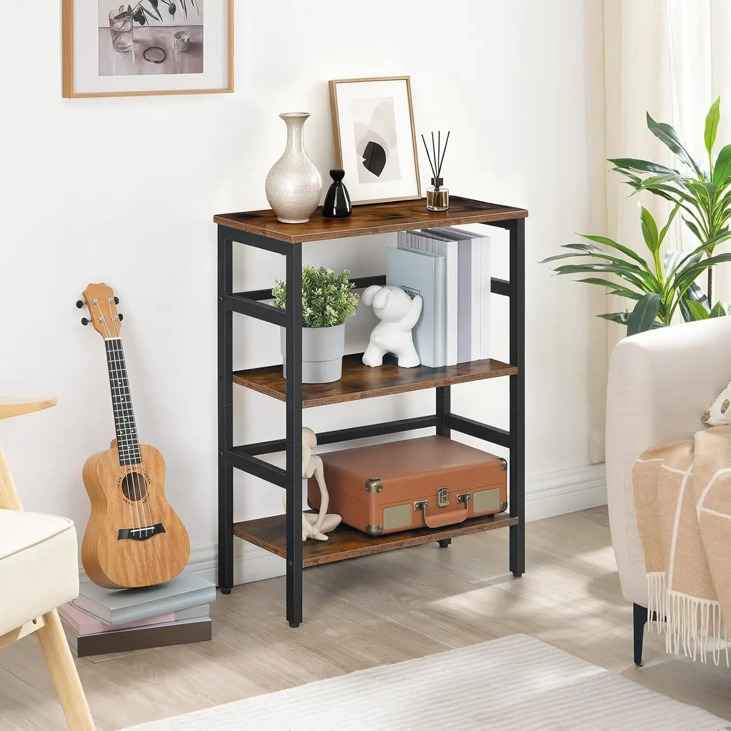 Metal-framed storage shelves are suitable for rustic open display shelves in living rooms and bedrooms
