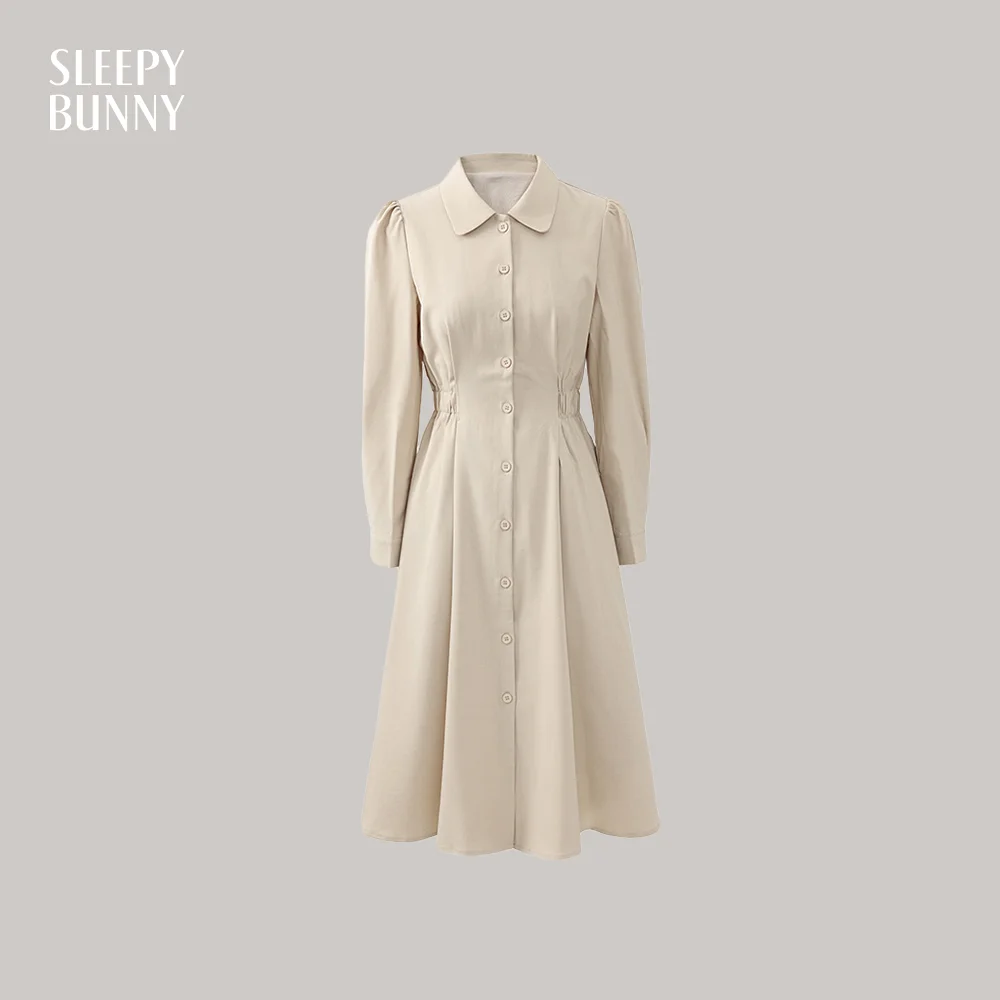 

Button Down Long Sleeve Midi Dress Women Spring Autumn Slim A-Line Dress Elegant Collared Waist Cinched Shirt Dress Daily Wear