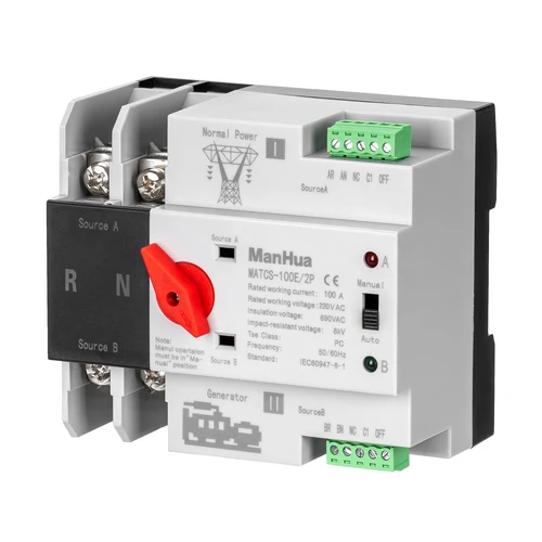 Imagen 2 del producto ManHua MATCS-100E/2P 100A 220VAC interruptor de transferencia automática de doble potencia interruptor tipo PC montaje en carril DIN mango rojo