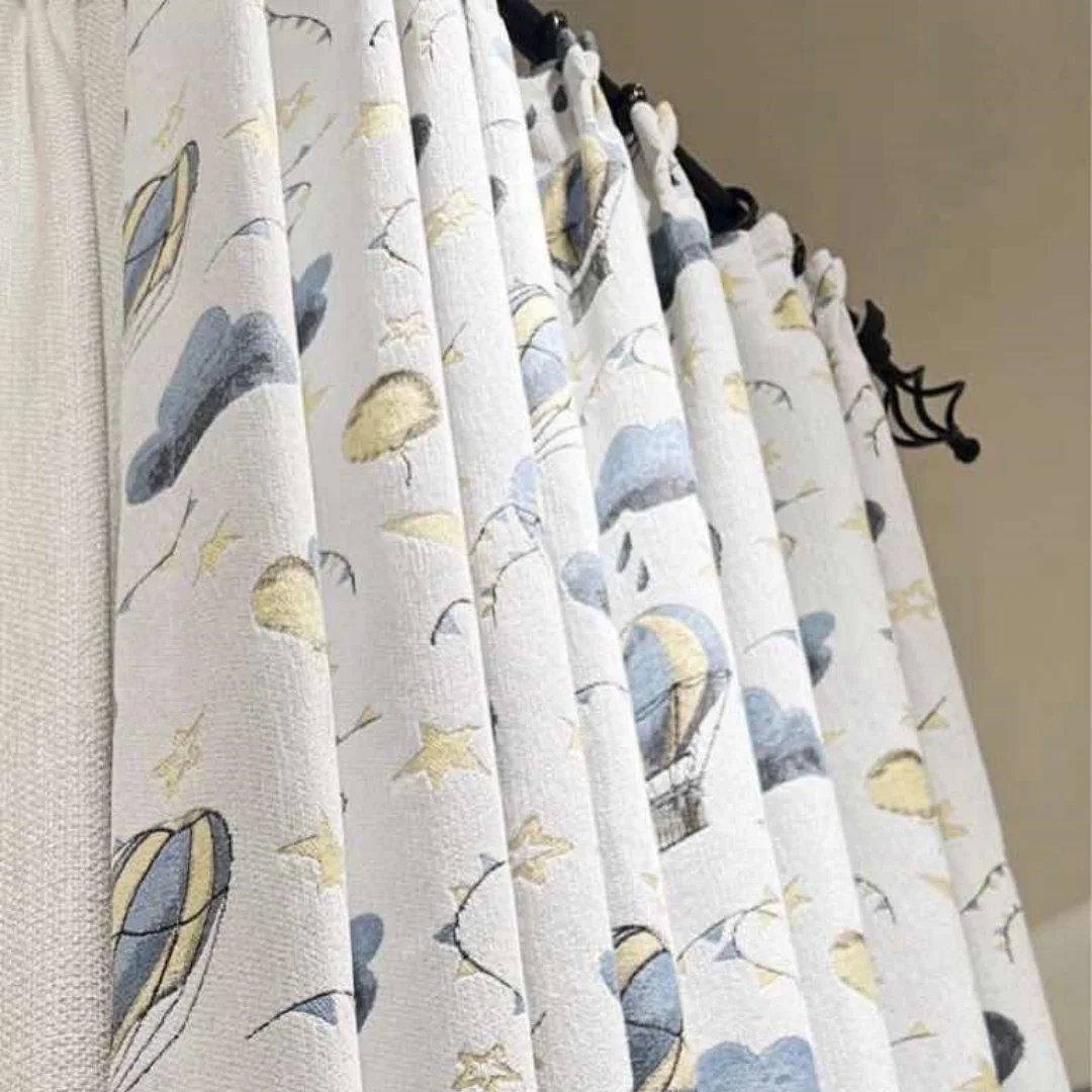 Cute Hot Air Balloon Cloud Star Print Blackout Curtain, Gold‑White Bead Pom‑pom Trim Window Drapes for Kids Bedroom