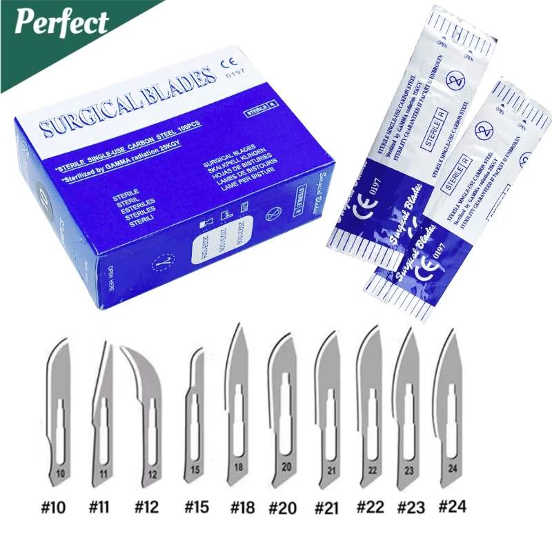 

100pcs Dental Surgical Blade Sterilized Scalpel Knife Handle Carbon Steel Repair Disposable Tools Size 10#/11#/12#/15#