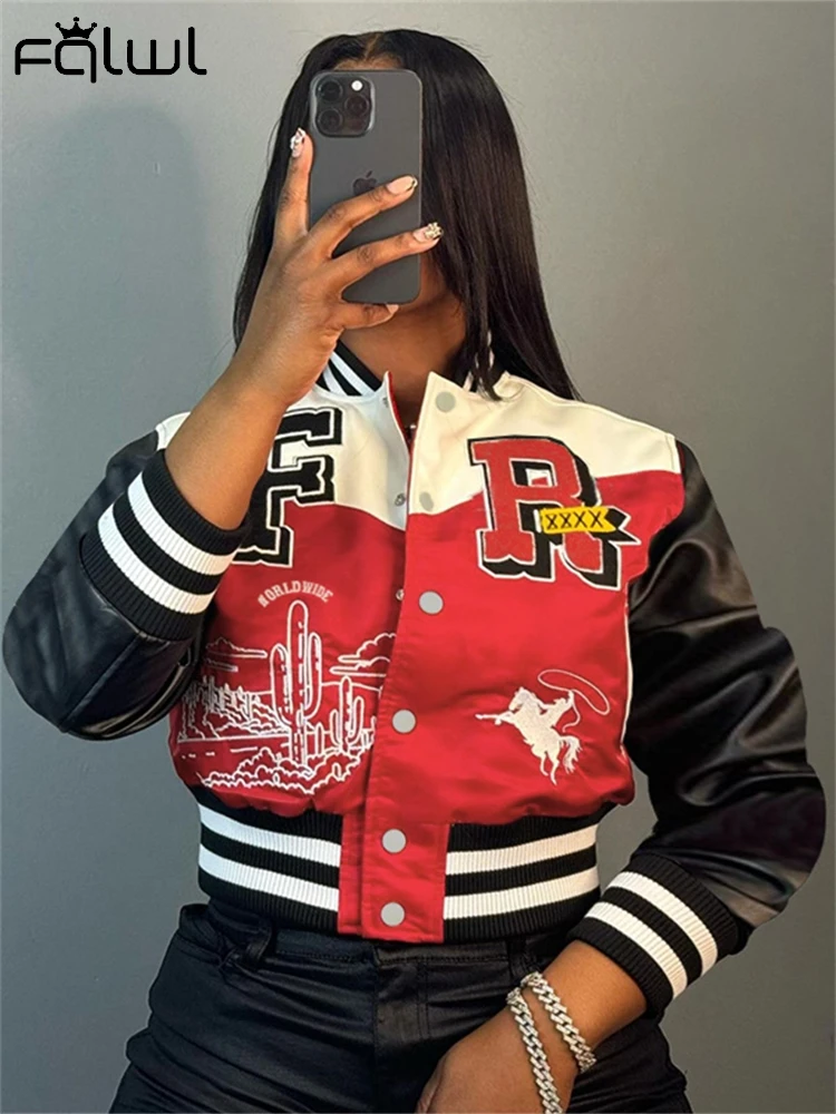 

Habbris Autumn Trend Leather Patchwork Baseball Jacket For Women 2024 Letter Print Button Up Crop Coat Streetwear Bomber Jackets