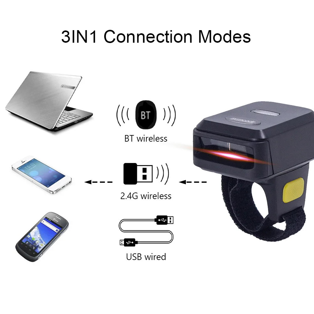 2D Barcode Scanner Portable Finger Handheld Wearable Ring 1D 2D Bar Code Reader BT+2.4G Wireless for Windows PC Computer