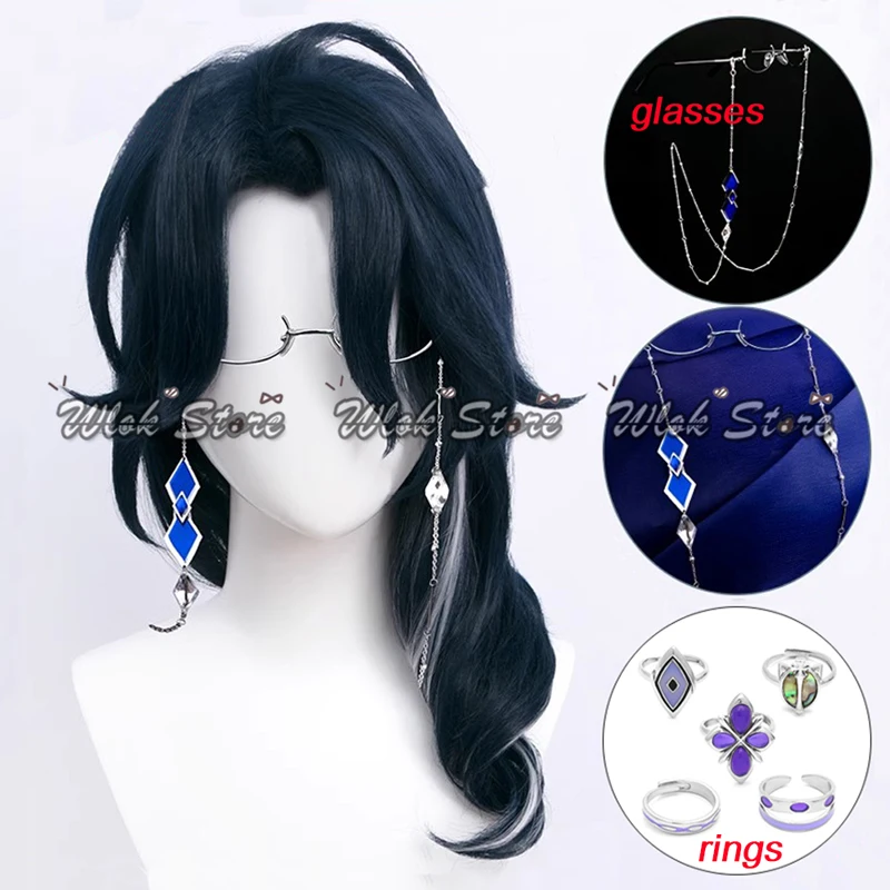 

Genshin Impact Regrator Pantalone Cosplay Wig Glasses Rings Pantalone Dark Blue Curly Hair Synthetic Wigs For Halloween Party