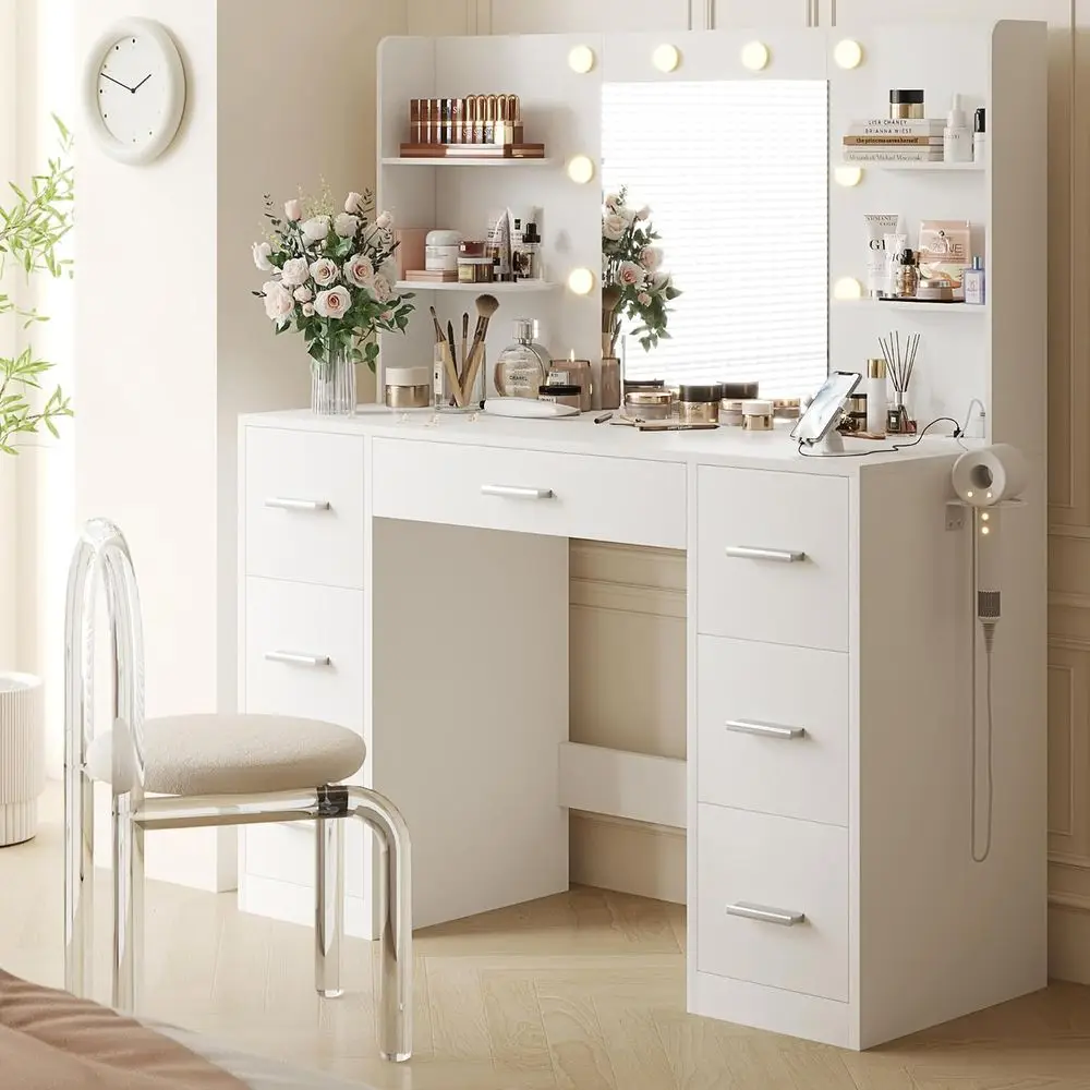 YESHOMY Vanity Desk with Mirror, Power Outlet and 10 Lights, Makeup Table with 7 Ders, 3 Color es Available or Bedroom, e White - view 2