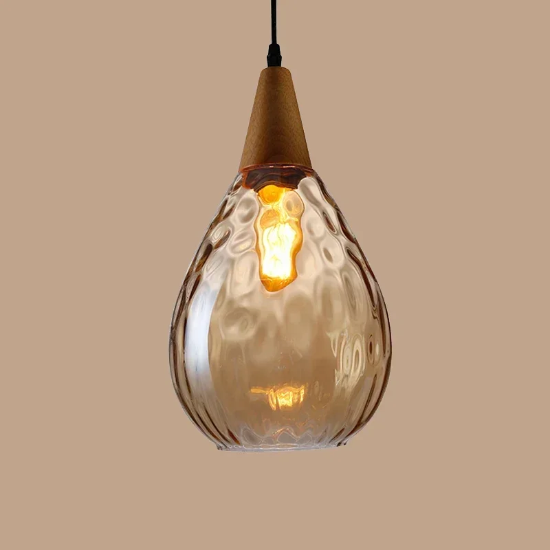 

Vintage LED Pendant Light Amber Gray Glass Luminaire Industrial Light Water Drop LampShade Wood Pendant Lamp Living Room Bedroom