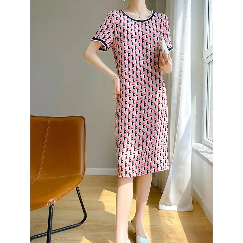Fashion Printing Midi Dress Ladies Korean Temperament Floral O-neck Short Sleeve Midi Dress Women Clothes Loose Elegant Dress