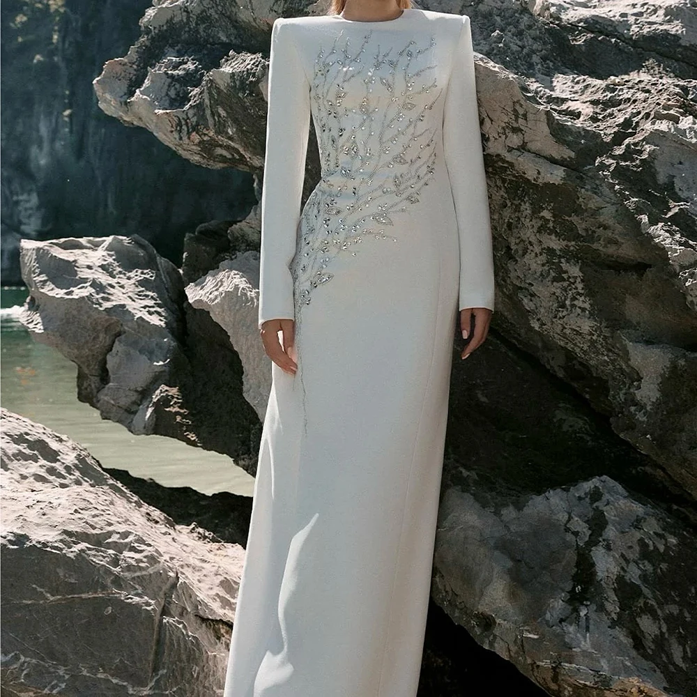 

Customized A-line Evening Dresses Floor-length O-neck Full Sleeve Prom Gown Fashion Crystal Flowers Simple Draped Party Gown