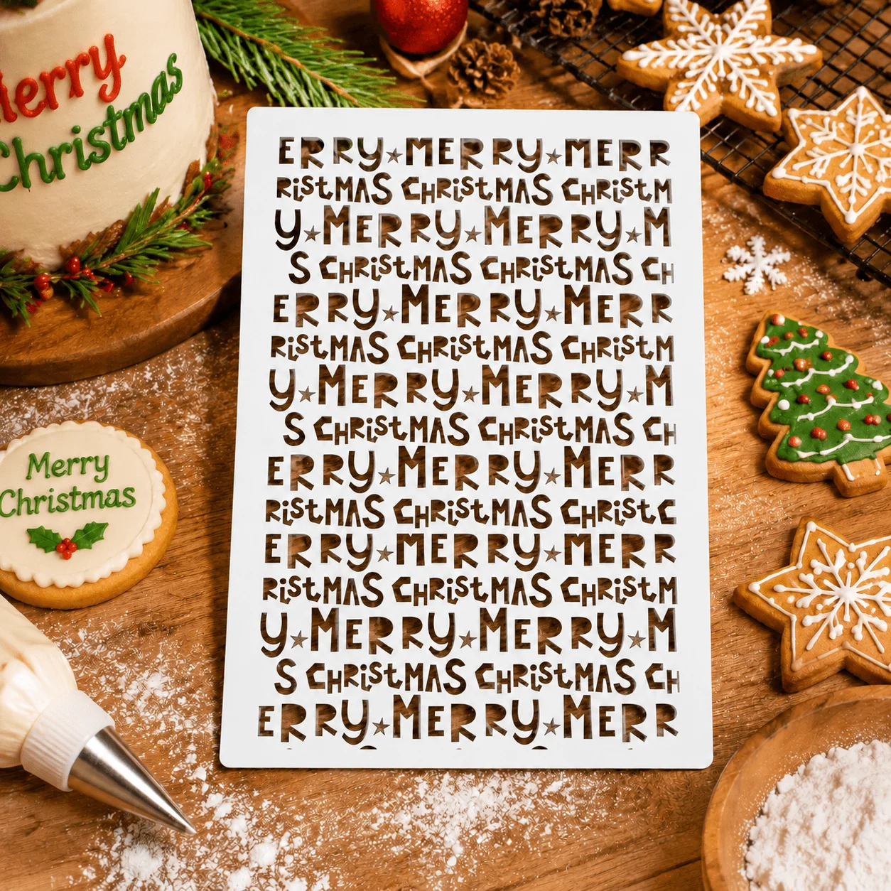 Merry Christmas Letter Stencil Reusable Food Grade Plastic Template for Cake Decor DIY Xmas Wood Wall Painting Craft Tool