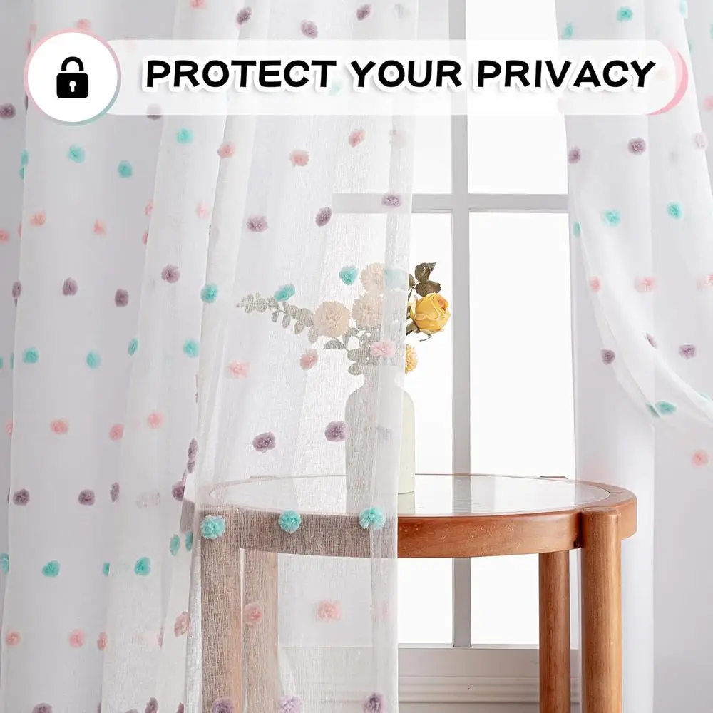 어린이 방용 투명 무지개 폼폼 커튼, 84인치 길이, 빛 차단, 이중 레이어, 흰색, 52x84, 2개 세트