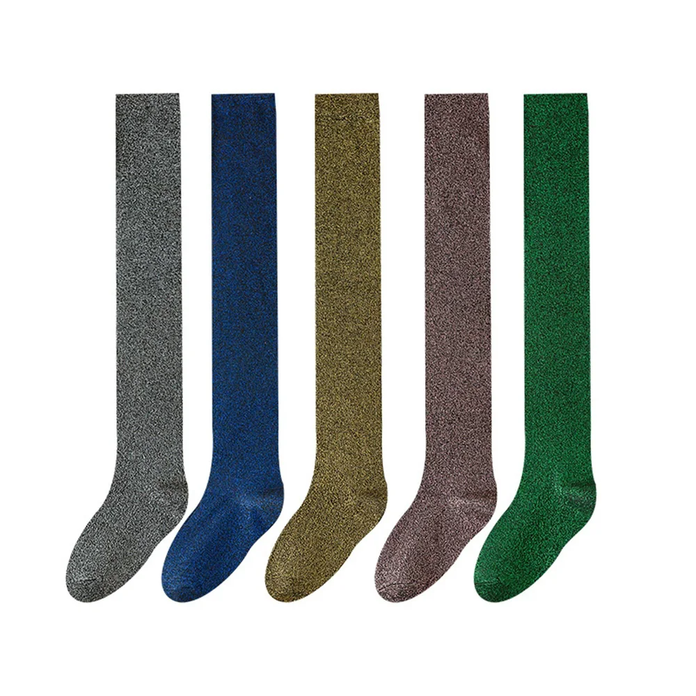 Women Glitter Calf Socks 5 Pairs Shiny Metallic Thread Knit Mid-Calf Sparkly Colorful Fashion Party Daily Soft Ladies Socks