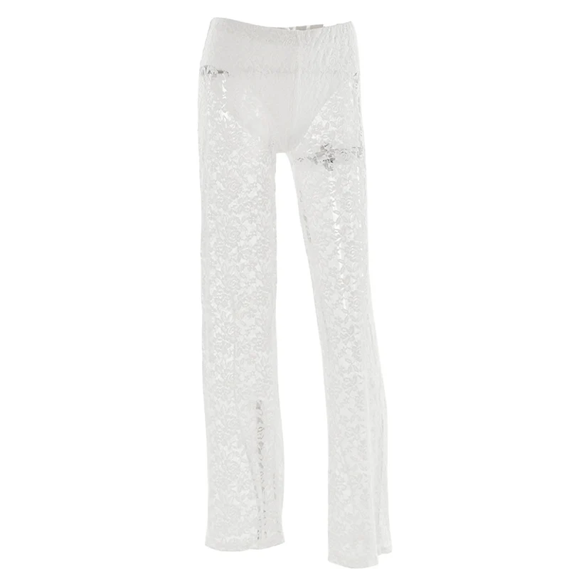 

Sexy Floral Lace Perspective Straight Pants Women Solid Color High Waist Slim Fit Pants Fashion Temperament Mesh Long Pants