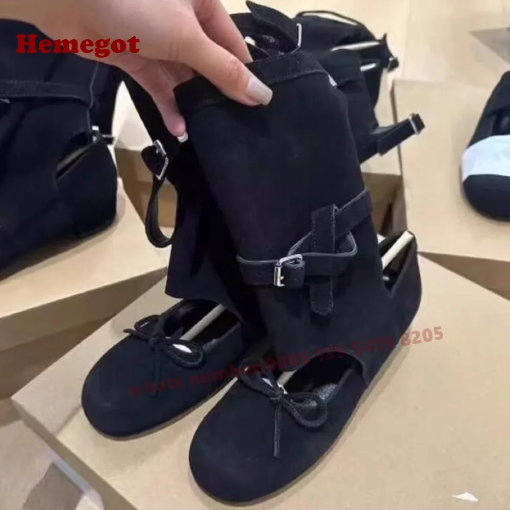 

Black Suede Cut Out Pumps Round Toe Chunky Heels Buckle Bows Ballet Shoes Retro Sandals 2025 New Spring Autumn Casual Shoes