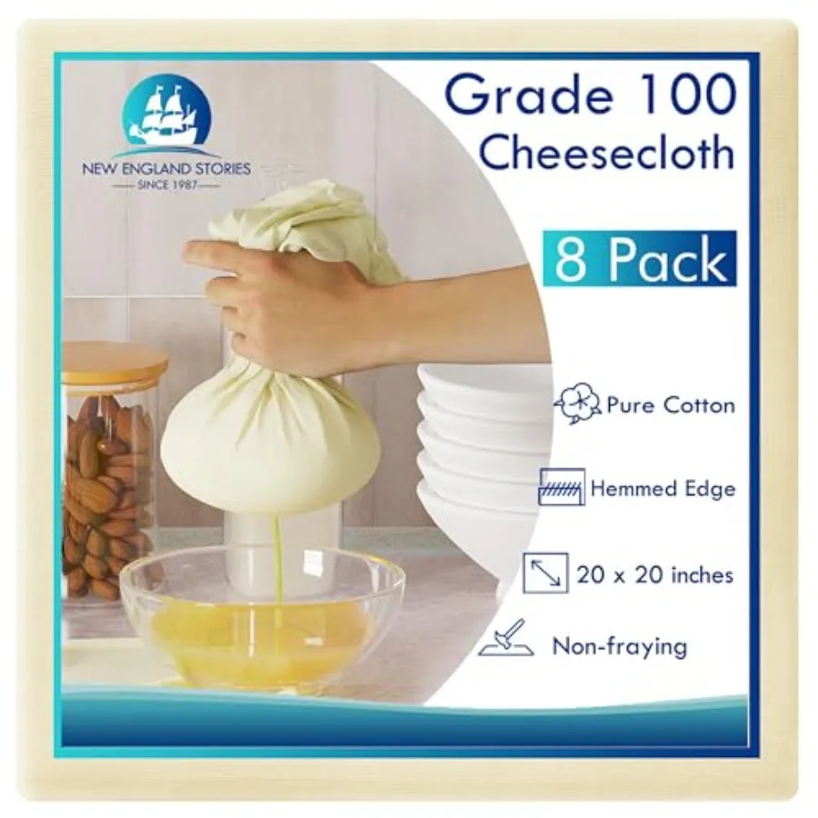 

8 PCS Reusable Cheesecloth, Grade 100, 20x20 Inch Hemmed Cheese Cloth for Straining Craft, 100% Cotton Unbleached Cloth Straine