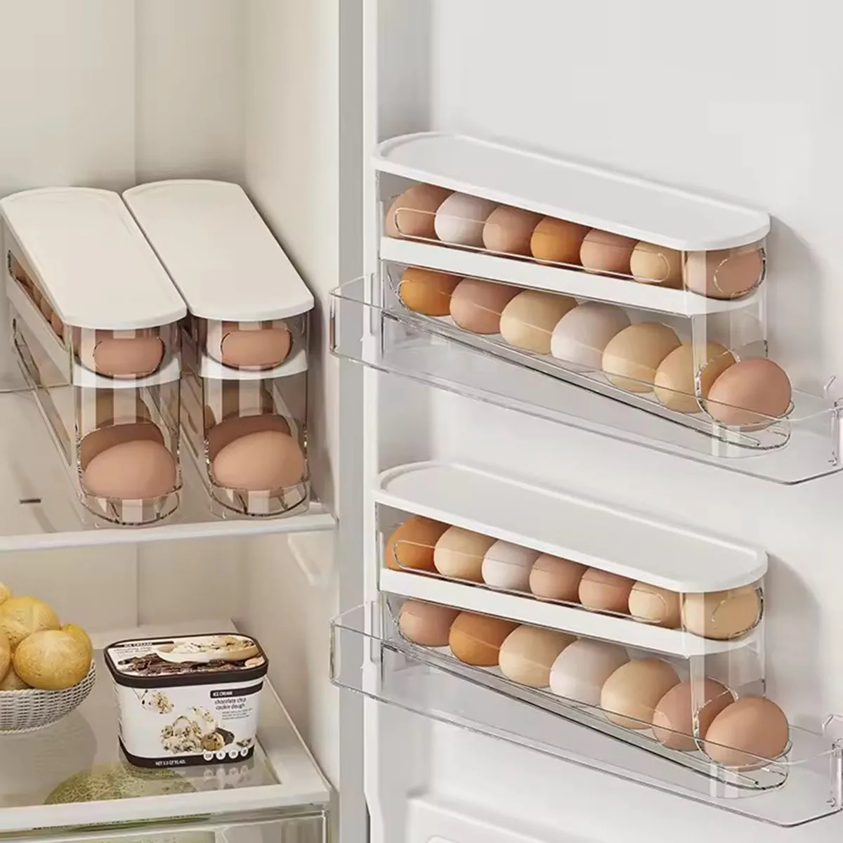 Refrigerator Side Door Egg Storage Organizer Kitchen Countertop Egg Holder Double Automatic Egg Roller Refrigerator Slide Type E