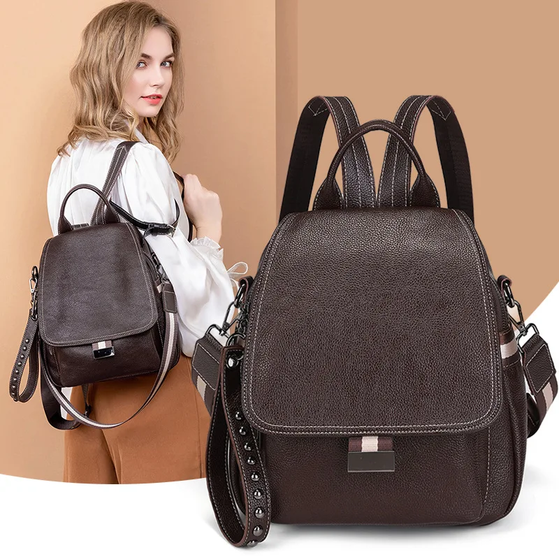 2024 New Popular Fashion Black Leather Backpack Women Korean Edition Versatile Anti theft Flip Soft Leather Travel Backpack