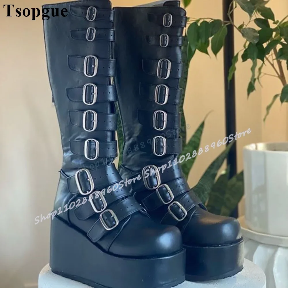 

Knee High Black Platform Buckle Strap Boots Wedges High Heel Shoes For Women Round Toe Party Stylish Banquet Casual Women Boots