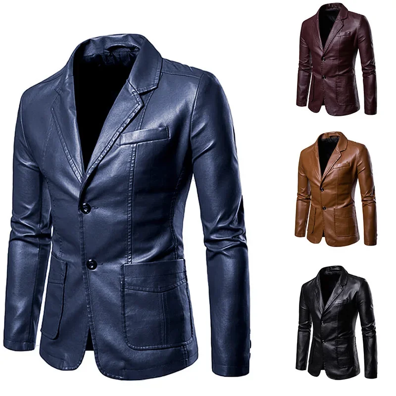 Amazon New Men's Slim Fit PU Leather Jacket Casual Style Solid Color Lapel Long Sleeve Coat For All Seasons