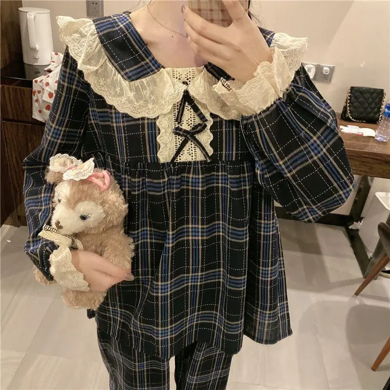 Plaid Sleepwear Women Pajama Sets Lace Piiama Autumn Pants Sets for Women 2 Pieces Long Sleeve Night Wears Bow Ruffles Home Suit