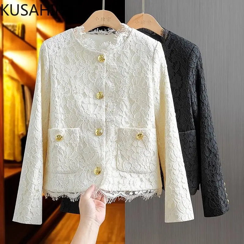 KUSAHIKI 2024 Autumn New French Coat Women\'s Korean Style Elegant Metal Buckle Standing Neck Lace Cardigan Top