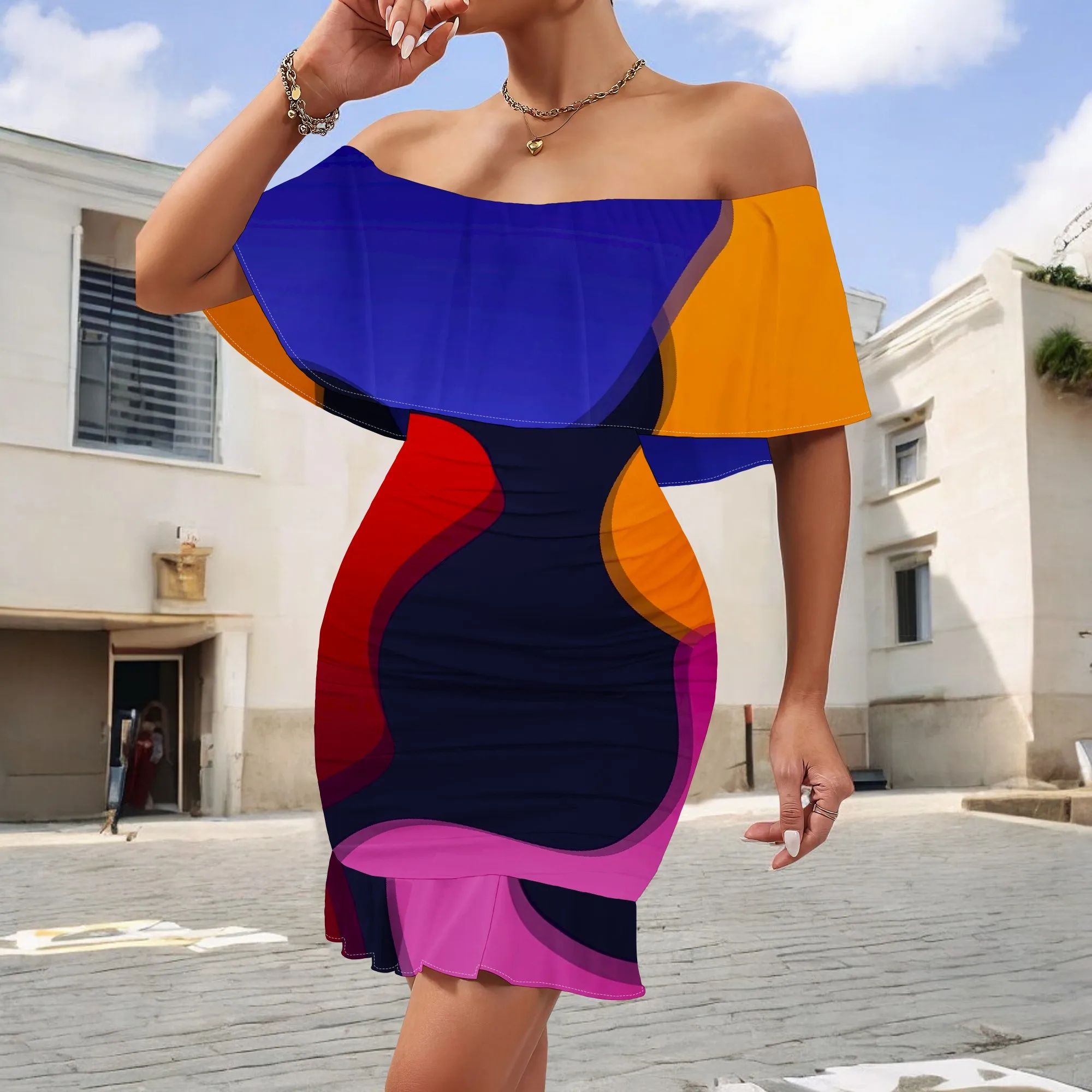 

Bold Colorblock Off Shoulder Mini Dress S-3XL Ruffle Overlay Bodycon Style for Pride Parade, Nightclub or Afro Streetwear Party