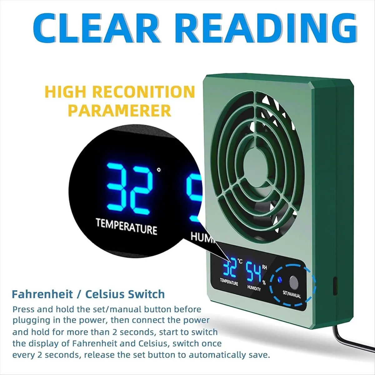 

A013 Вентилятор для рептилий с датчиком влажности и сигнализацией высокой температуры, осушитель вентилятора для корпуса рептилий и террариума ℃