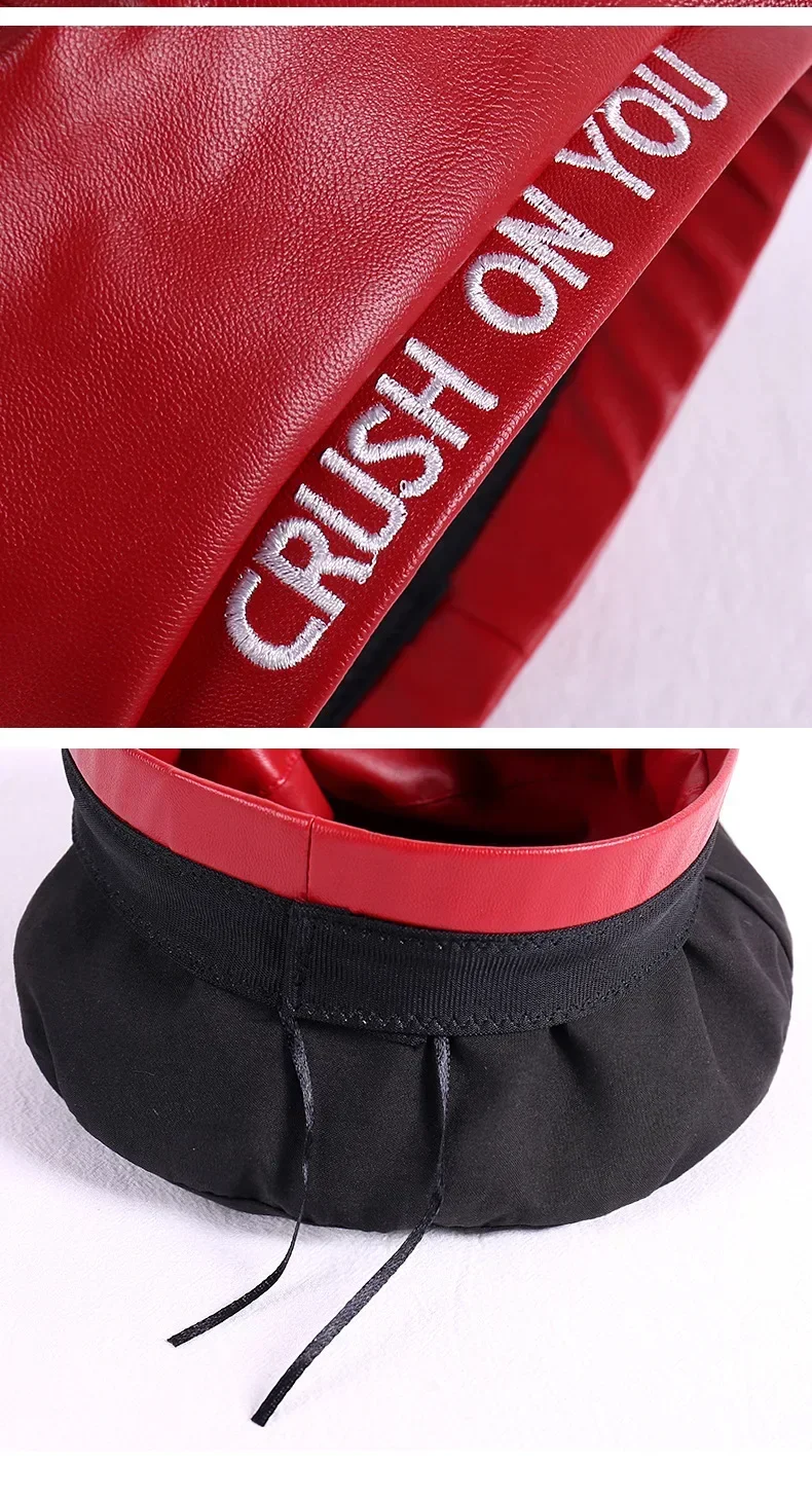 Baskenmütze Damen Frühling und Herbst neue bestickte Buchstaben Pu Leder flache Zylinder japanische und koreanische Street Fashion Spitze Hut – Detail 14