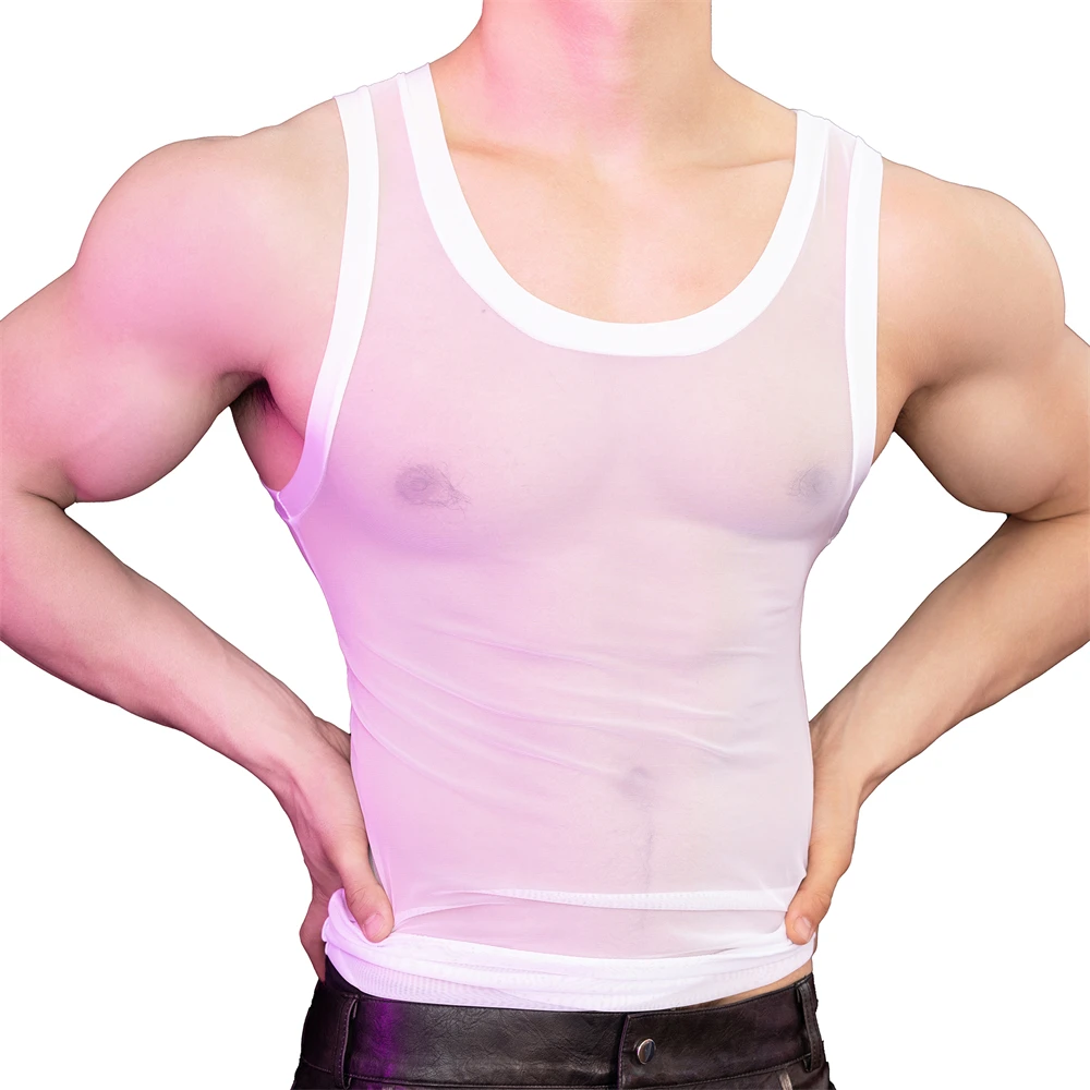 

Men's Sexy Mesh See-through Sleeveless Undershirts Breathable Ultra-thin Tank Tops Elastic Casual Sheer Vest Tops Male Homewear