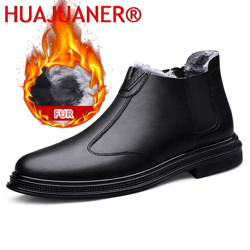 

Luxury Brand Men Casual Chelsea Boots Cow Leather Thick Soled Solid Color Outdoor Boots Warm Plush Winter Motorcycle Ankle Boots