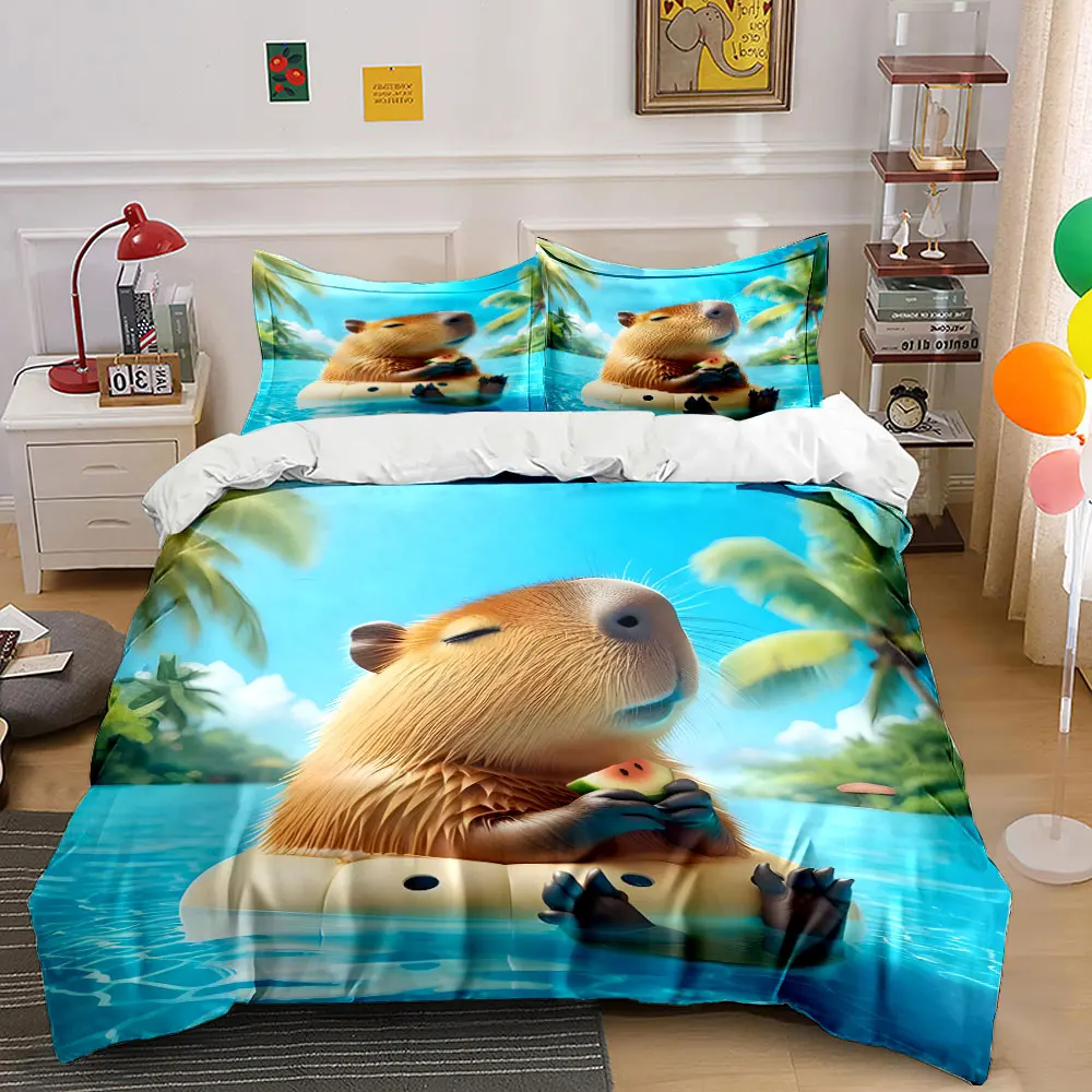 

"Capybara Summer Relax Set" Bedding Set with 1 Duvet Cover 2 Pillowcases Single Double King Queen, Gift