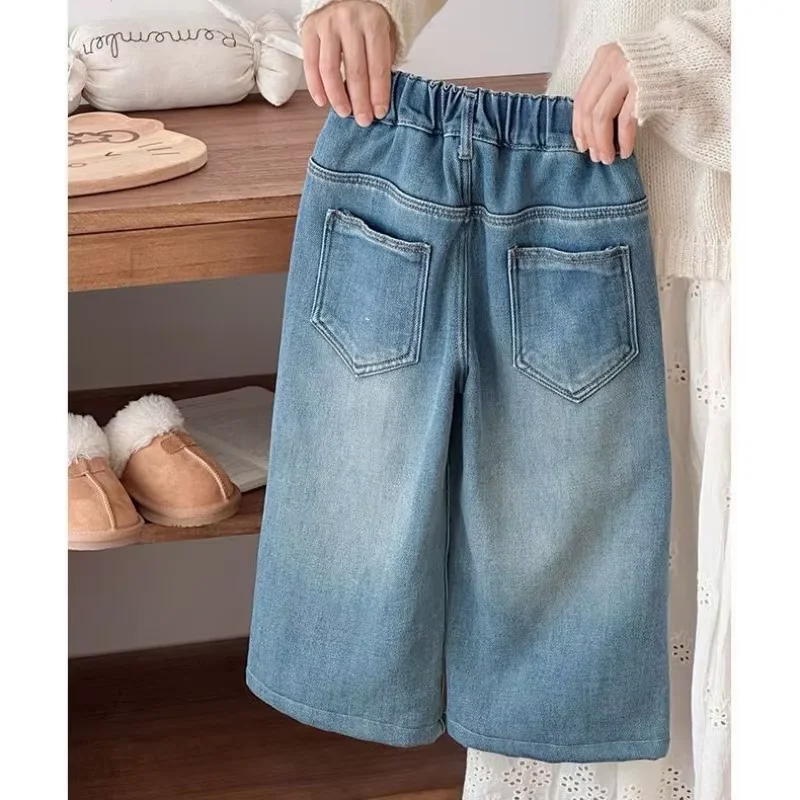 2026 New Fashion Girls Autumn Winter Jeans Kids Fleece Lined Wide Leg Pants Casual Loose Denim Trousers Children Clothing
