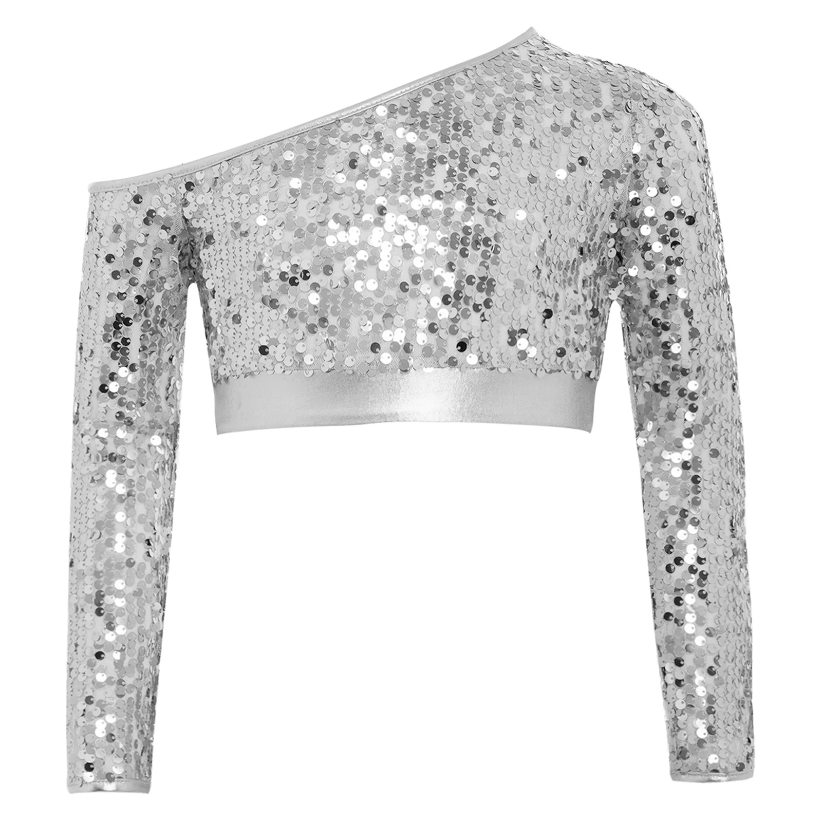 

Kids Girls Jazz Tango Ballet Dance Performance Costume Shirts Modern Street Dance One Shoulder Long Sleeve Sequins Cropped Tops