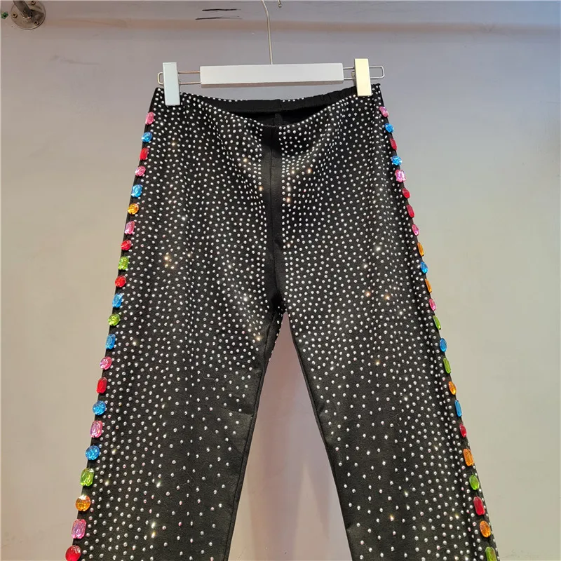 Heavy Embroidery Hot Drilling Side Color Rhinestone Slim Fit Leggings Women 2023 Autumn and Winter New Elastic Waist Black Pants